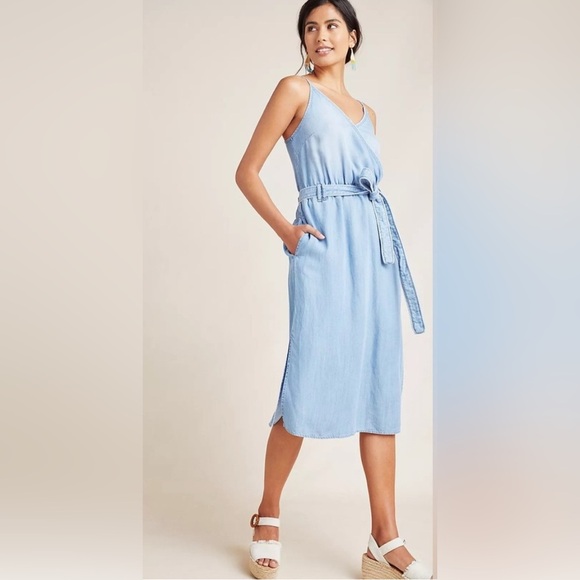Cloth & Stone Anthropologie S Surplice Chambray Midi Dress Side Slits Tie Waist - Picture 1 of 14